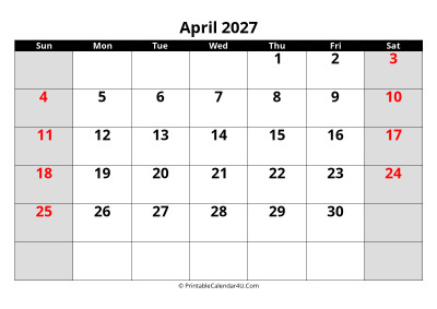 april 2027 calendar, highlighted weekend, week starts on sunday