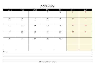 april 2027 monthly calendar with notes, week starts on monday