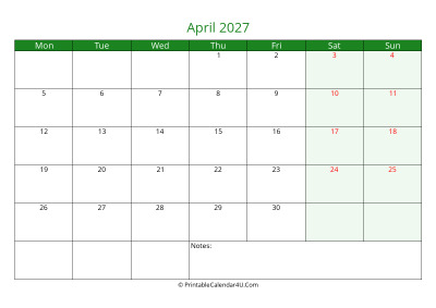 april 2027 printable calendar with holidays, week starts on monday