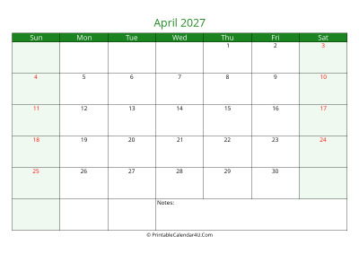 april 2027 printable calendar with holidays, week starts on sunday