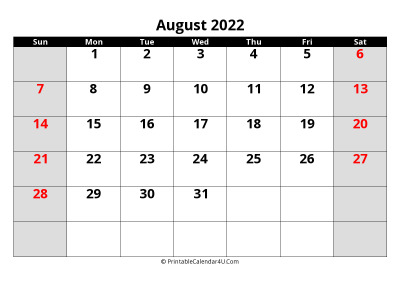 august 2022 calendar, highlighted weekend, week starts on sunday