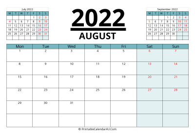 august 2022 calendar with prev and next month, week starts on monday