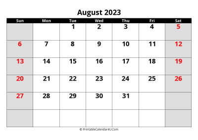 august 2023 calendar, highlighted weekend, week starts on sunday