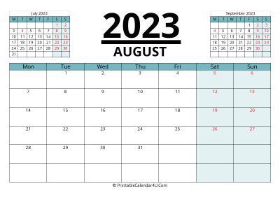 august 2023 calendar with prev and next month, week starts on monday