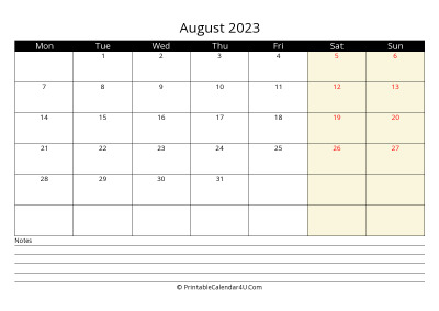 august 2023 monthly calendar with notes, week starts on monday