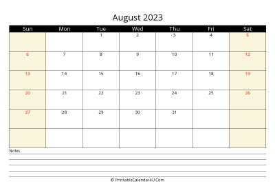 august 2023 monthly calendar with notes, week starts on sunday