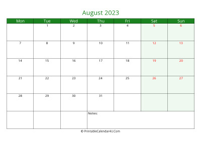 august 2023 printable calendar with holidays, week starts on monday