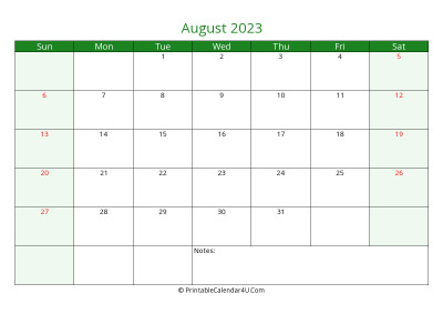 august 2023 printable calendar with holidays, week starts on sunday