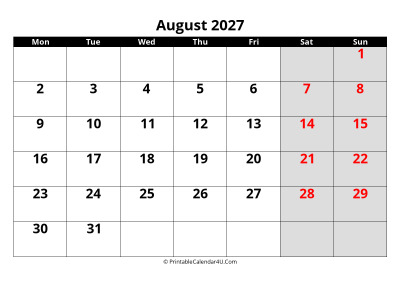 august 2027 calendar, highlighted weekend, week starts on monday
