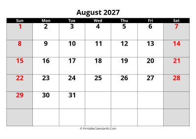 august 2027 calendar, highlighted weekend, week starts on sunday