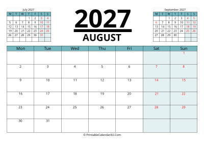 august 2027 calendar with prev and next month, week starts on monday