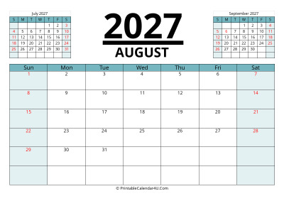 august 2027 calendar with prev and next month, week starts on sunday