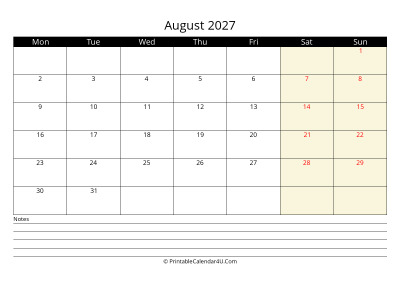 august 2027 monthly calendar with notes, week starts on monday