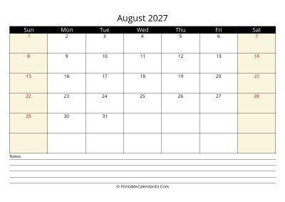 august 2027 monthly calendar with notes, week starts on sunday