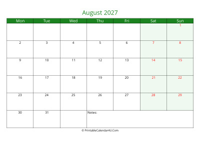 august 2027 printable calendar with holidays, week starts on monday