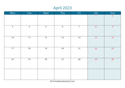 calendar april 2023 week starts on monday