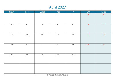 calendar april 2027 week starts on monday