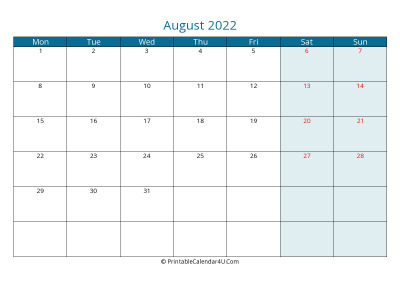 calendar august 2022 week starts on monday