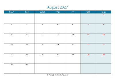 calendar august 2027 week starts on monday