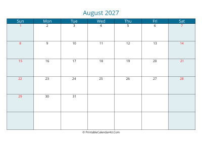calendar august 2027 week starts on sunday