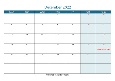 calendar december 2022 week starts on monday