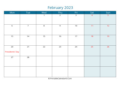 calendar february 2023 week starts on monday