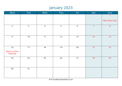 calendar january 2023 week starts on monday