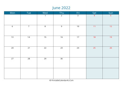 calendar june 2022 week starts on monday