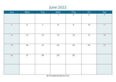 calendar june 2022 week starts on sunday