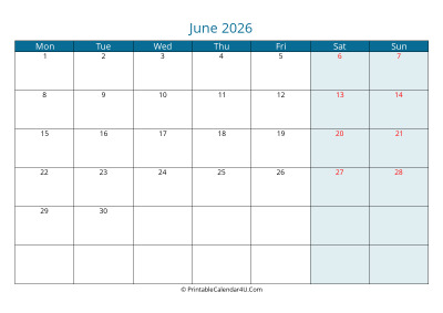 calendar june 2026 week starts on monday