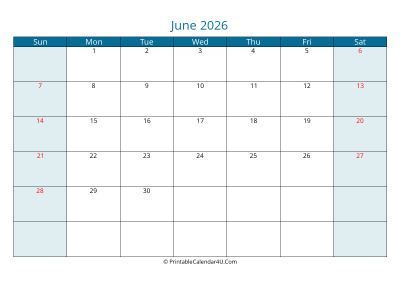 calendar june 2026 week starts on sunday