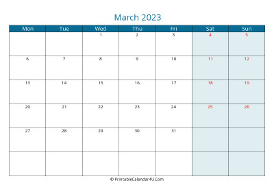 calendar march 2023 week starts on monday