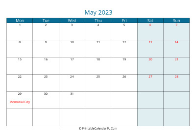 calendar may 2023 week starts on monday