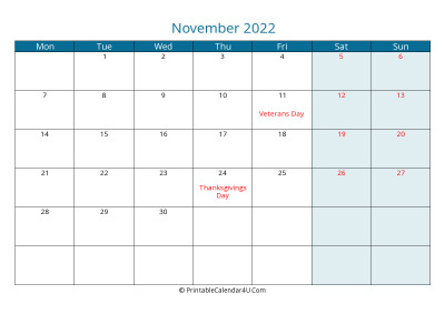 calendar november 2022 week starts on monday