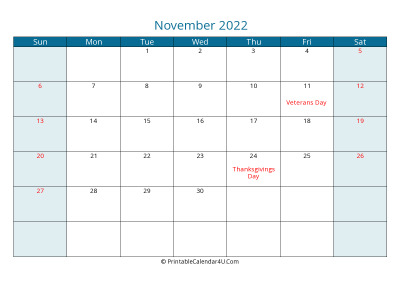 calendar november 2022 week starts on sunday