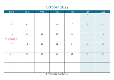 calendar october 2022 week starts on monday