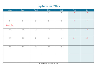 calendar september 2022 week starts on monday