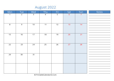 compact august 2022 calendar, week starts on monday