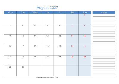 compact august 2027 calendar, week starts on monday