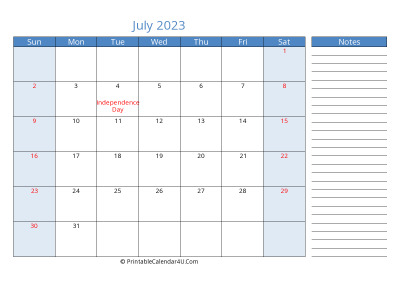 compact july 2023 calendar, week starts on sunday