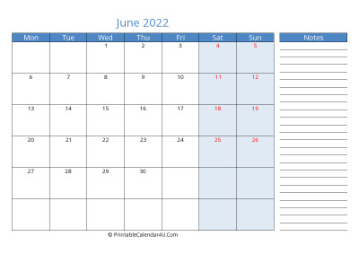 compact june 2022 calendar, week starts on monday