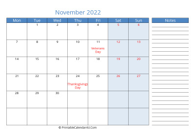 compact november 2022 calendar, week starts on monday