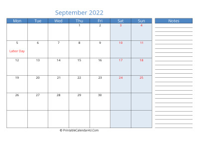 compact september 2022 calendar, week starts on monday