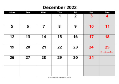 december 2022 calendar, highlighted weekend, week starts on monday