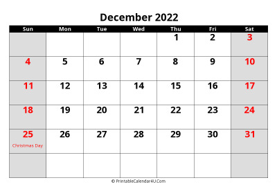 december 2022 calendar, highlighted weekend, week starts on sunday