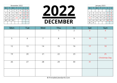 december 2022 calendar with prev and next month, week starts on monday
