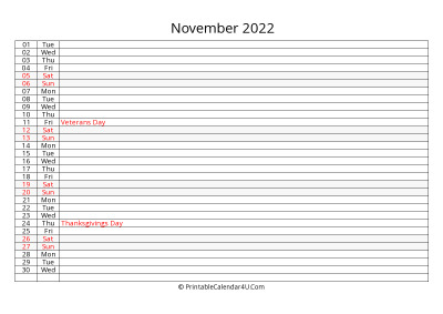 editable 2022 calendar for november, week starts on monday