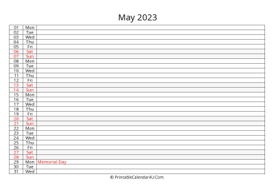 editable 2023 calendar for may, week starts on monday