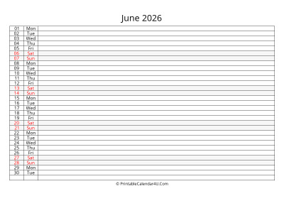editable 2026 calendar for june, week starts on monday