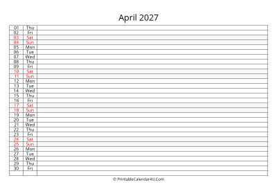 editable 2027 calendar for april, week starts on monday